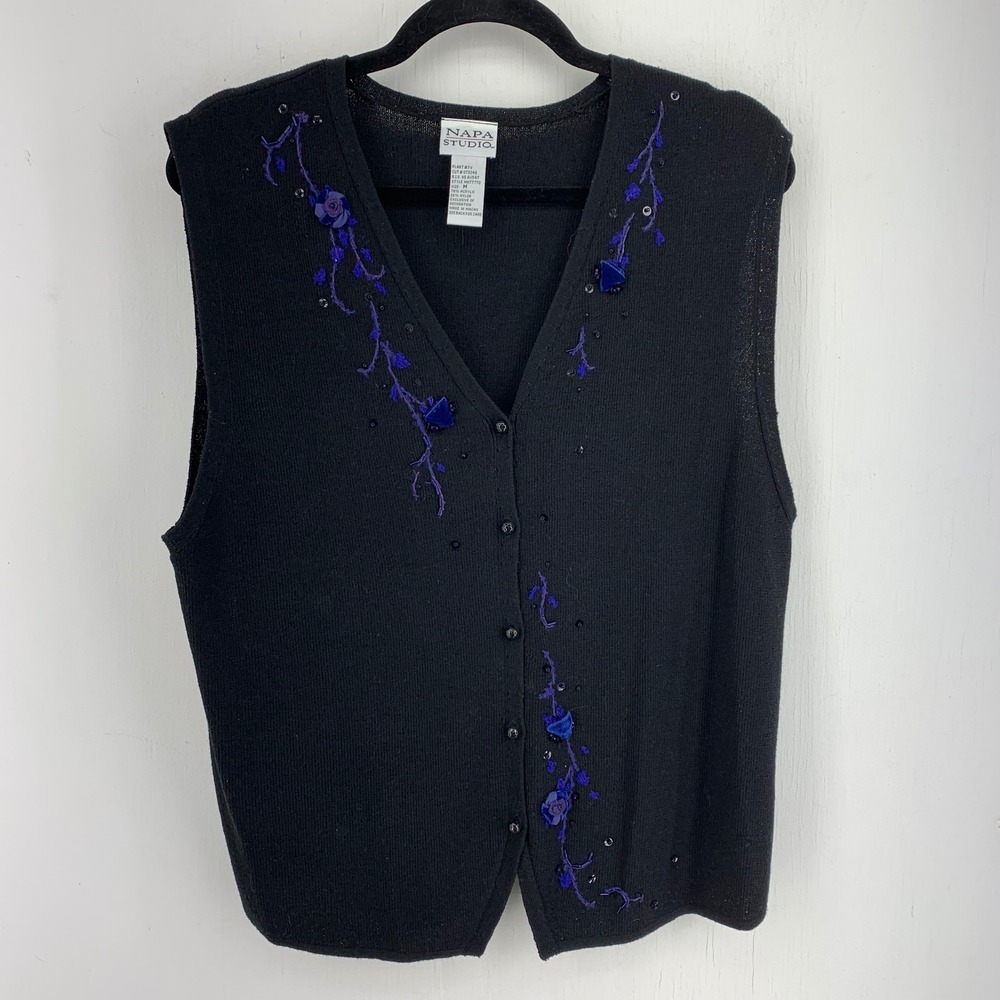 Napa Studio Black Beaded Floral Knit Vest Womens Medium Whimsigoth Goth Grunge